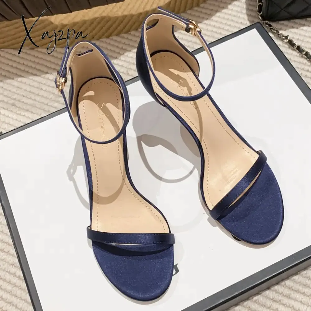 Xajzpa - New Summer Elegant Women Silk Blue Wine Red 8cm Thin High Heels Fashion Wedding Party Banquet Shoes Big Size Sandals