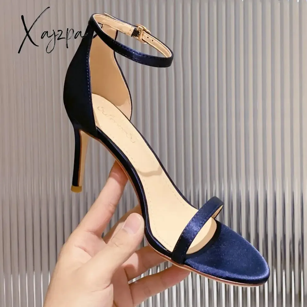 Xajzpa - New Summer Elegant Women Silk Blue Wine Red 8cm Thin High Heels Fashion Wedding Party Banquet Shoes Big Size Sandals