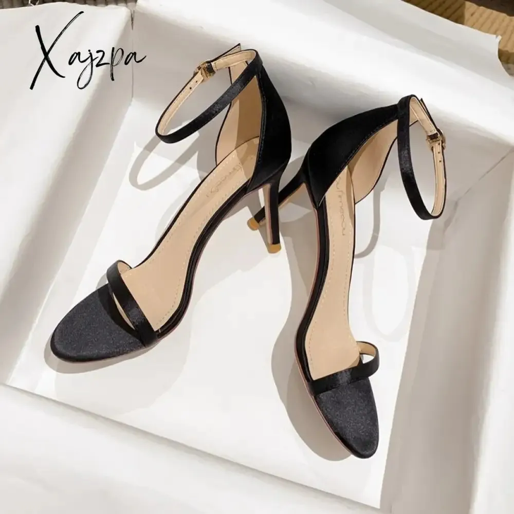 Xajzpa - New Summer Elegant Women Silk Blue Wine Red 8cm Thin High Heels Fashion Wedding Party Banquet Shoes Big Size Sandals