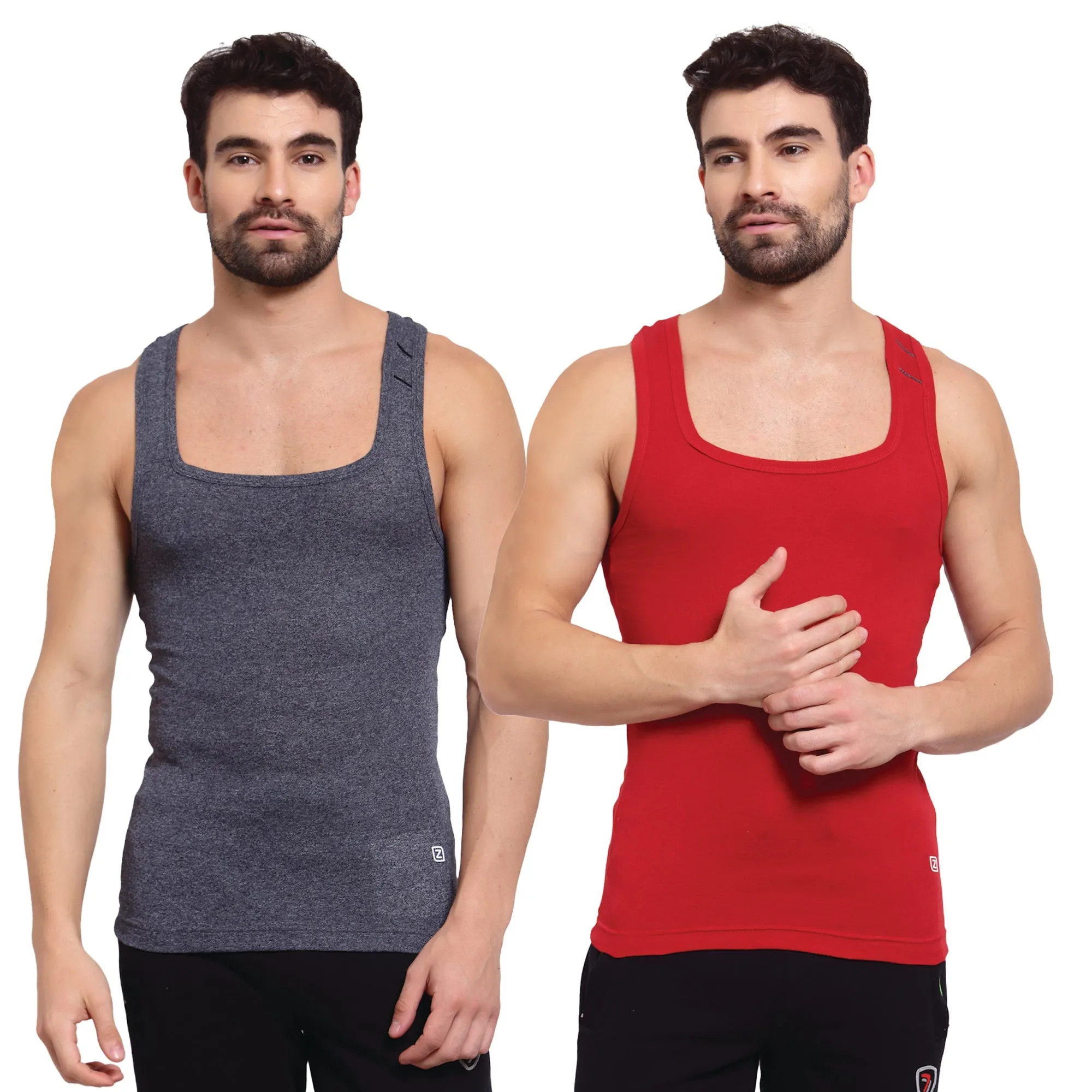 Zoiro Men's Cotton Sports Gym Vest (Pack 2) -  Chinese Red   Dark Denim Jaspe